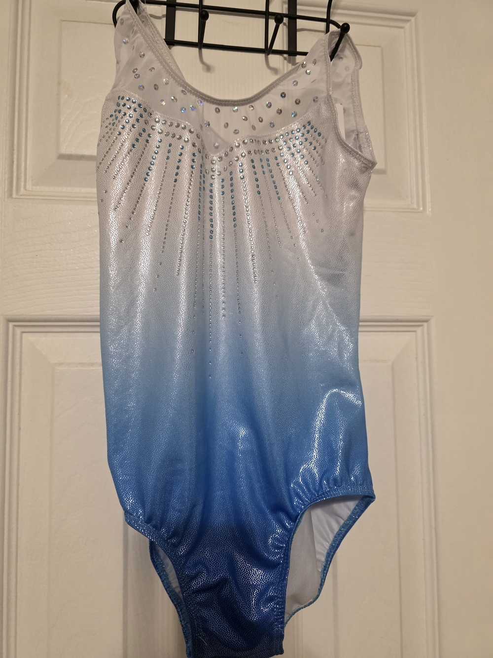 Girls' White to Blue Ombre Gymnastics Leotard with Rhinestone Detail